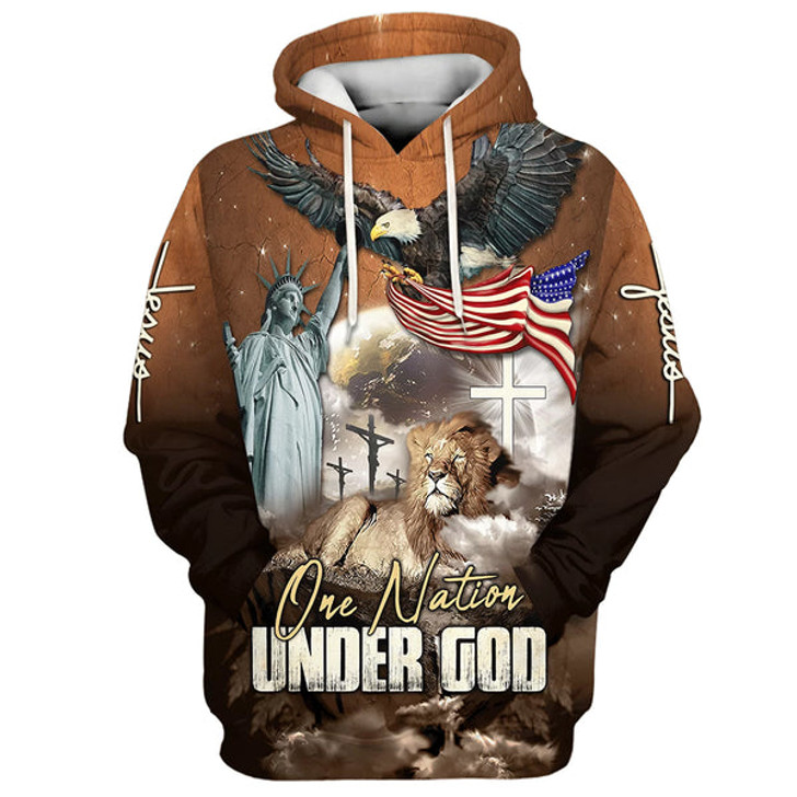 FUNSTUFFPRINT One Nation Under God Bald Eagle American Flag and Lion Hoodies Men & Women Christian 3D Hoodie and Zip Hoodie