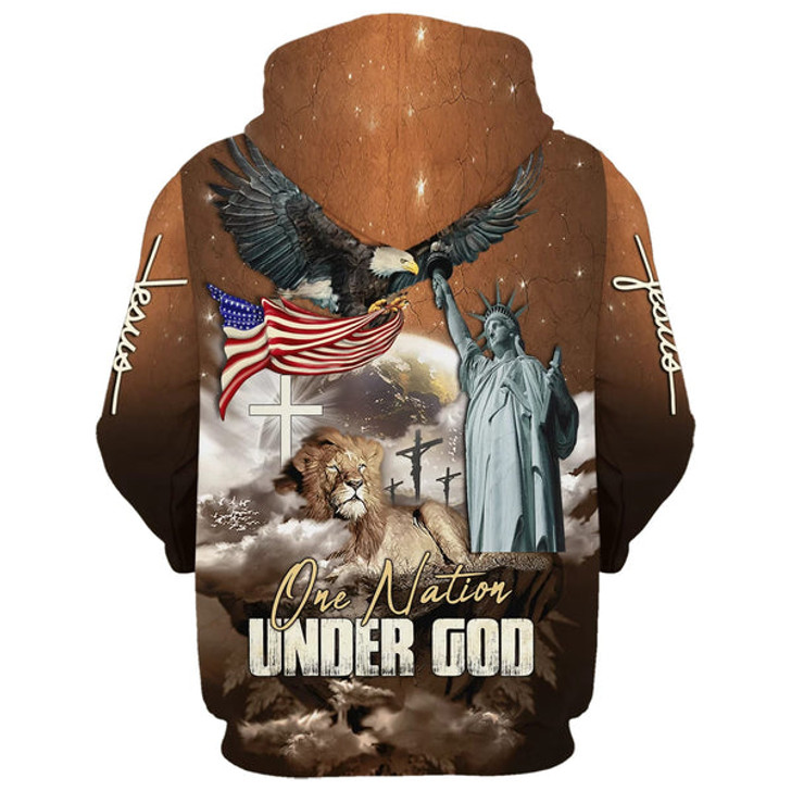 FUNSTUFFPRINT One Nation Under God Bald Eagle American Flag and Lion Hoodies Men & Women Christian 3D Hoodie and Zip Hoodie