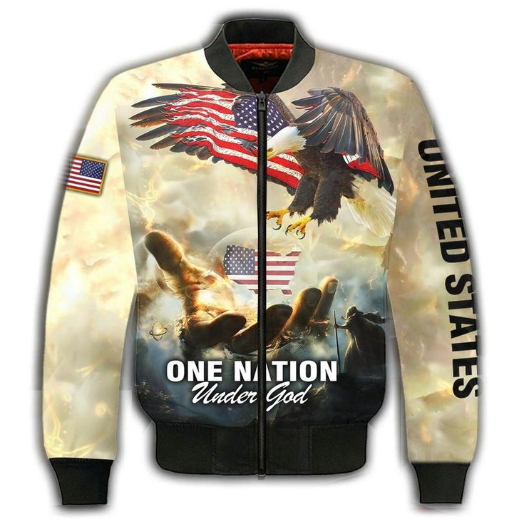 FUNSTUFFPRINTINT ONE NATION UNDER GOD Bomber Jacket 3D Jesus American flag gift idea for Veteran  3D Bomber Jacket