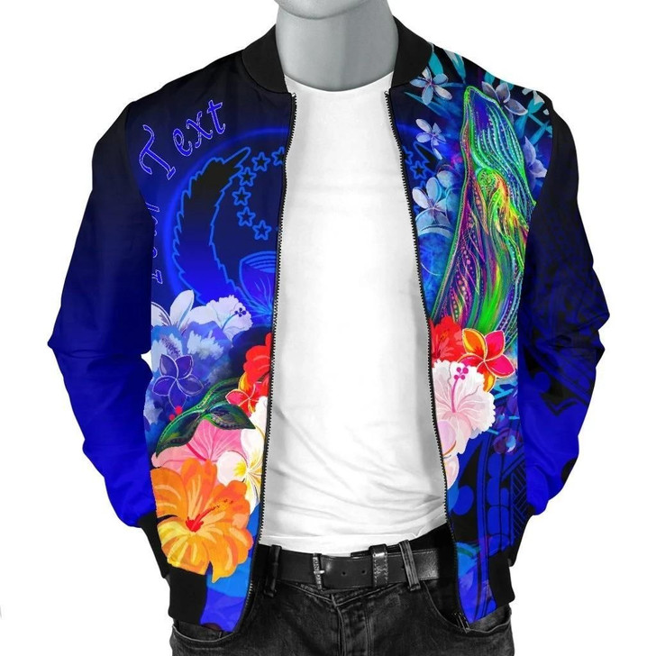 FUNSTUFFPRINTINT Pohnpei Custom Personalised Men’s Bomber Jacket – Humpback Whale with Tropical Flowers (Blue)- BN18 3D Bomber Jacket