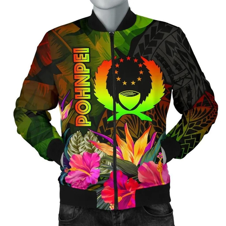FUNSTUFFPRINTINT Pohnpei Polynesian Men’s Bomber Jacket – Hibiscus and Banana Leaves – BN15 3D Bomber Jacket