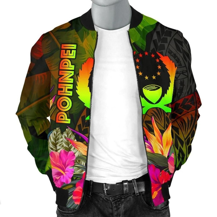 FUNSTUFFPRINTINT Pohnpei Polynesian Men’s Bomber Jacket – Hibiscus and Banana Leaves – BN15 3D Bomber Jacket