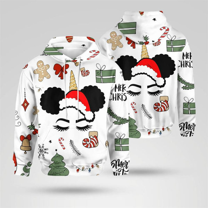 FUNSTUFFPRINT 3D Christmas Unicorn Black Girl Santa Claus All Over 3D Hoodie and Zip Hoodie
