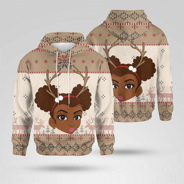 FUNSTUFFPRINT 3D Christmas Santa Reindeers Black Girl All Over 3D Hoodie and Zip Hoodie