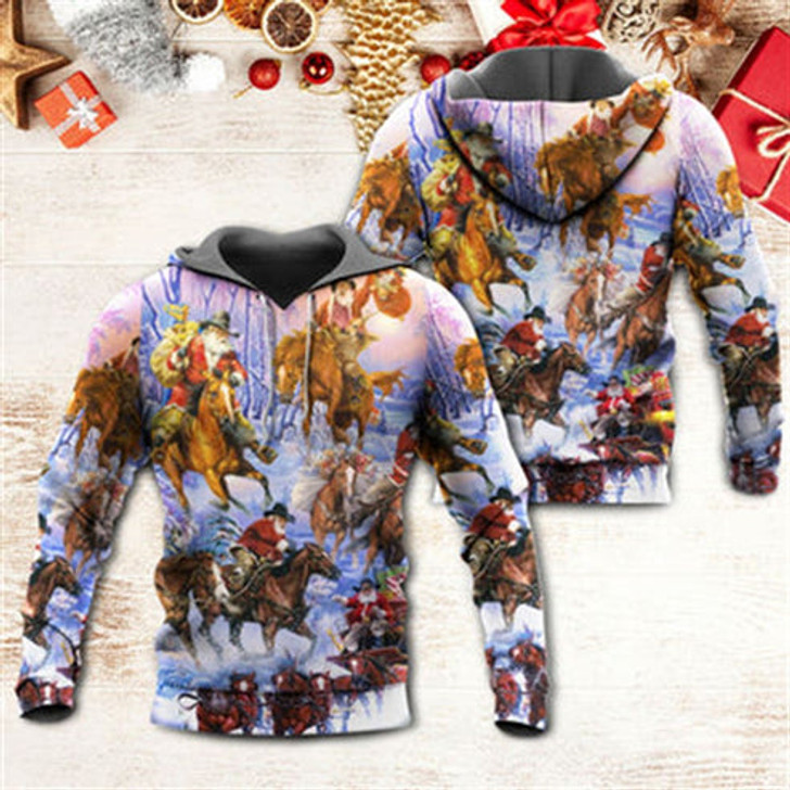 FUNSTUFFPRINT 3D Christmas Santa And Horse Ho Ho Ho Everywhere Merry Xmas All Over 3D Hoodie and Zip Hoodie