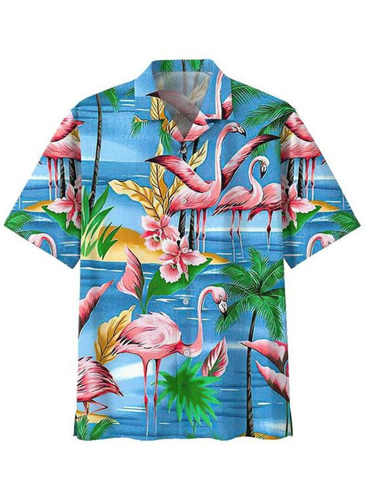Men's Flamingo Print Casual Breathable Hawaiian Short Sleeve Shirt
