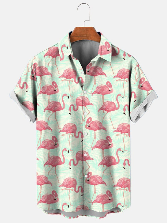 Men's Flamingo Print Casual Breathable Hawaiian Short Sleeve Shirt