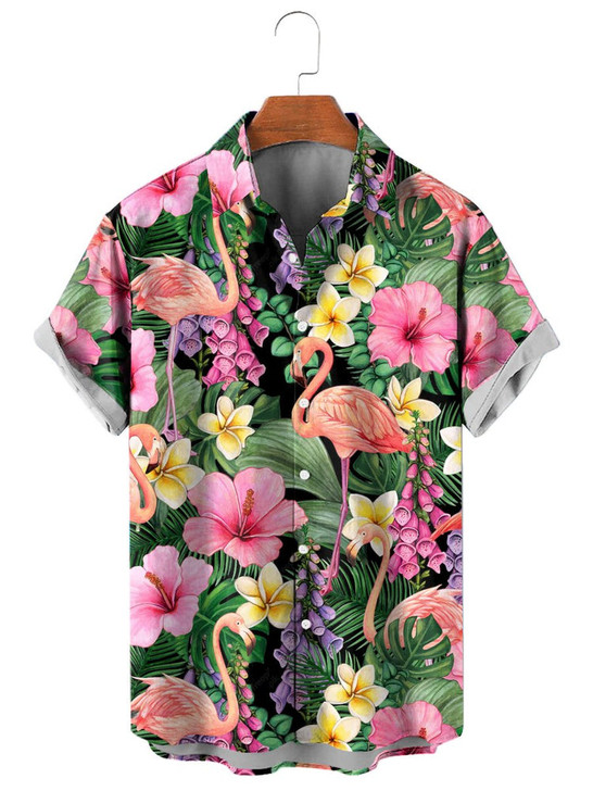 Men's Flamingo Print Casual Breathable Hawaiian Short Sleeve Shirt