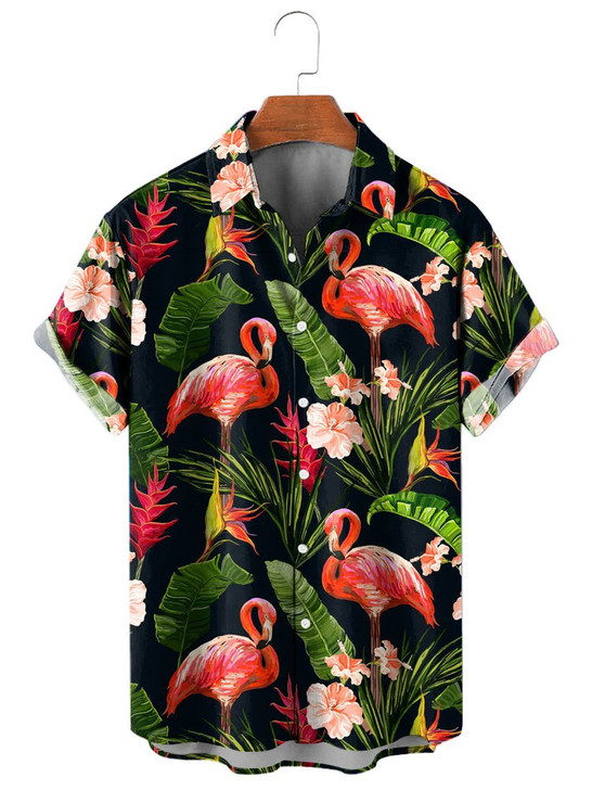 Men's Flamingo Print Casual Breathable Hawaiian Short Sleeve Shirt