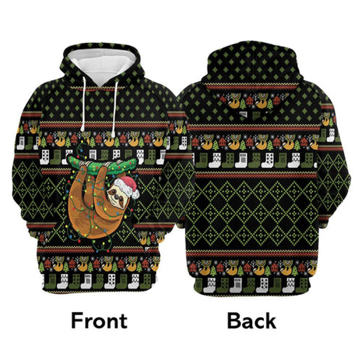 FUNSTUFFPRINT 3D Sloth Christmas All Over 3D Hoodie and Zip Hoodie