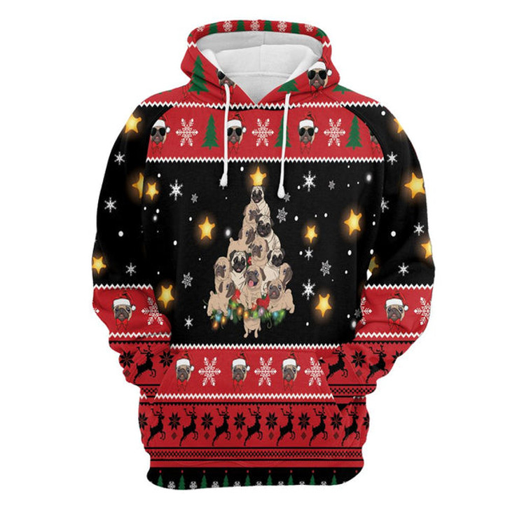 FUNSTUFFPRINT 3D Pug Christmas Tree All Over 3D Hoodie and Zip Hoodie