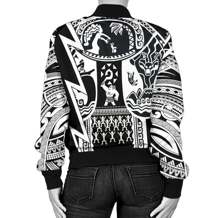 FUNSTUFFPRINTINT Polynesian Guinea Women’s Bomber Jacket – Moana Maui Tattoo With Coat Of Arm Guinea White – BN17 3D Bomber Jacket