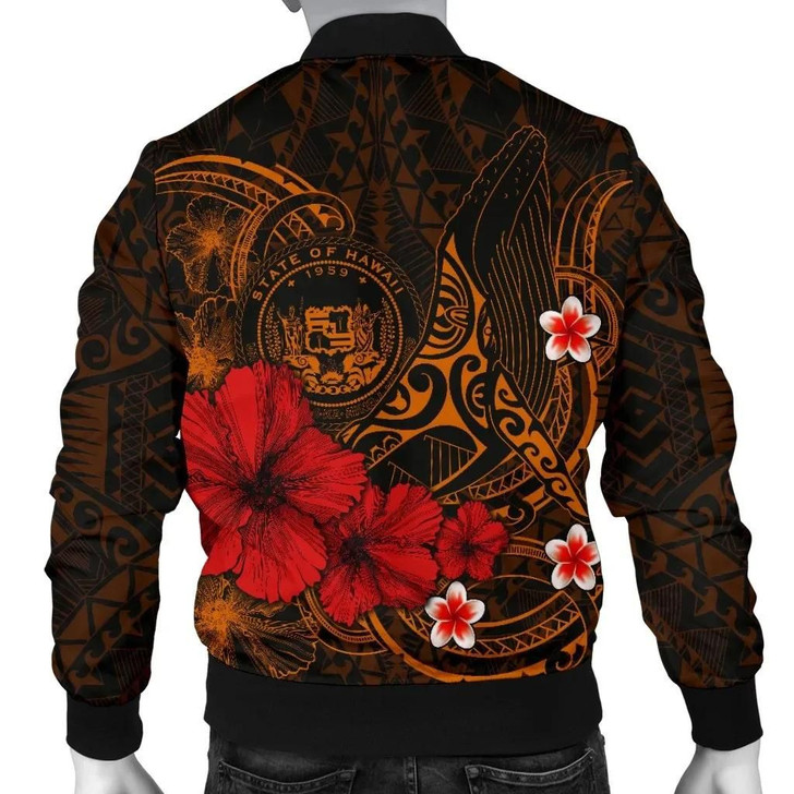 FUNSTUFFPRINTINT Polynesian Hawaii Men’s Bomber Jacket – Humpback Whale with Hibiscus (Golden) – BN15  3D Bomber Jacket