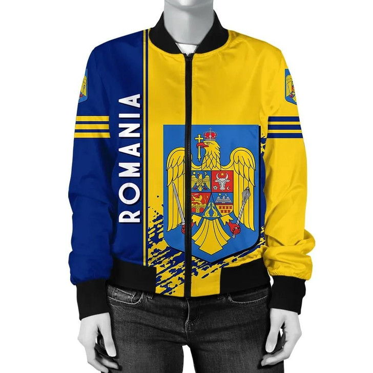 FUNSTUFFPRINTINT Romania Coat Of Arms Women Bomber Jacket Quarter Style 1 J7 3D Bomber Jacket