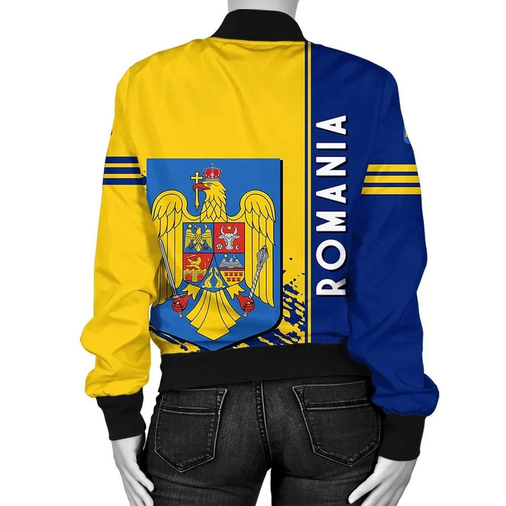 FUNSTUFFPRINTINT Romania Coat Of Arms Women Bomber Jacket Quarter Style 1 J7 3D Bomber Jacket