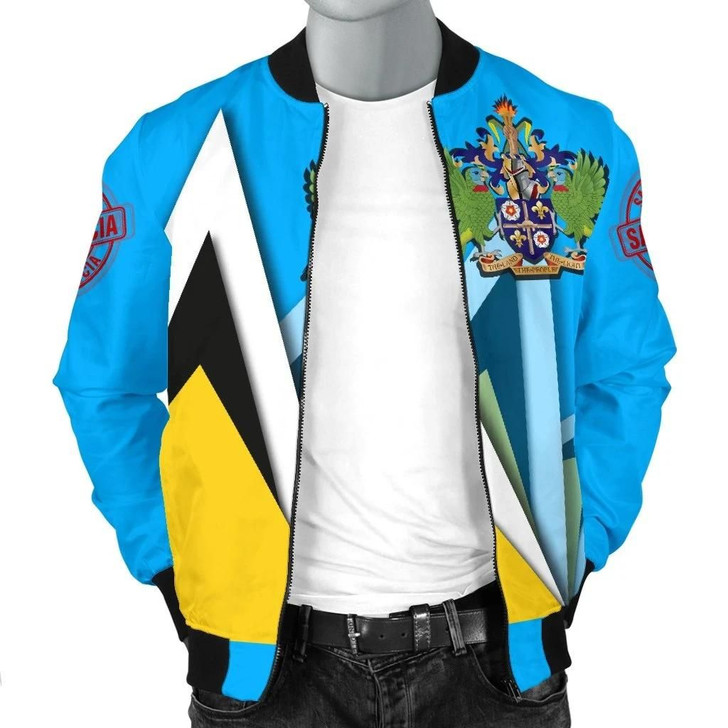 FUNSTUFFPRINTINT  Saint Lucia Men’s Bomber Jacket – Flag With Coat Of Arms – BN25 3D Bomber Jacket