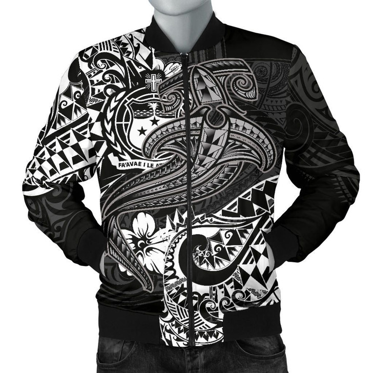 FUNSTUFFPRINTINT  Samoa Men’s Bomber Jacket – White Shark Polynesian Tattoo – BN18 3D Bomber Jacket