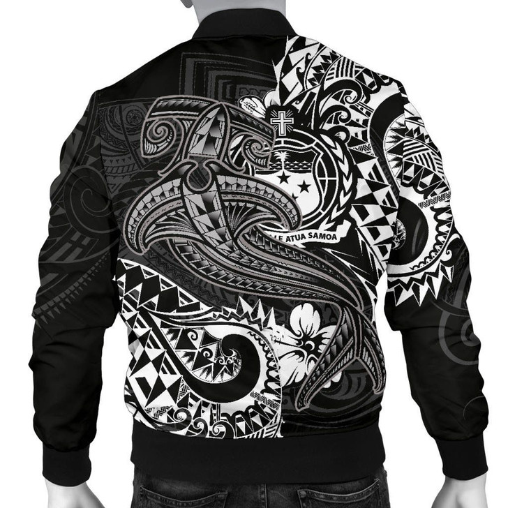 FUNSTUFFPRINTINT  Samoa Men’s Bomber Jacket – White Shark Polynesian Tattoo – BN18 3D Bomber Jacket