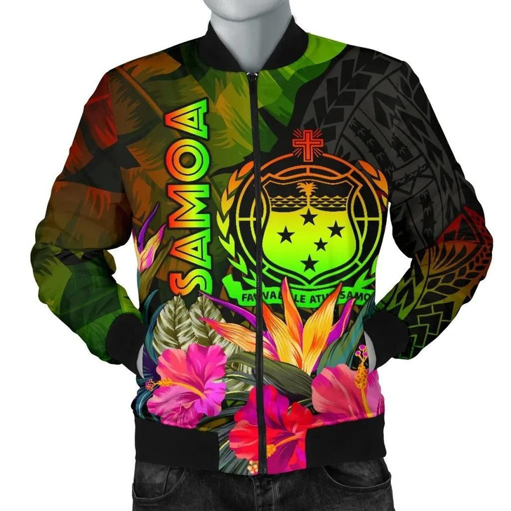 FUNSTUFFPRINTINT  Samoa Polynesian Men’s Bomber Jacket – Hibiscus and Banana Leaves – BN15 3D Bomber Jacket