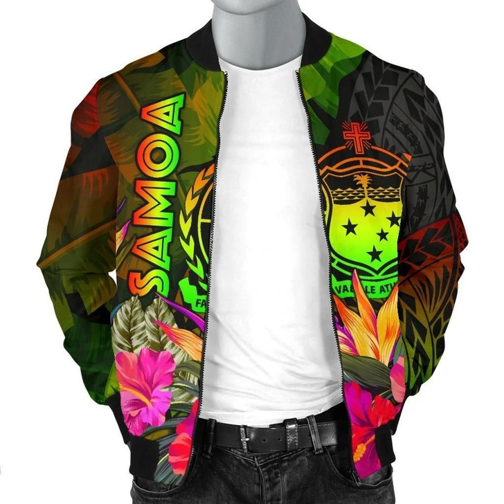 FUNSTUFFPRINTINT  Samoa Polynesian Men’s Bomber Jacket – Hibiscus and Banana Leaves – BN15 3D Bomber Jacket