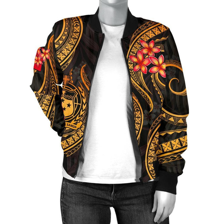 FUNSTUFFPRINTINT  Samoa Polynesian Women Bomber Jacket – Gold Plumeria – BN11 3D Bomber Jacket