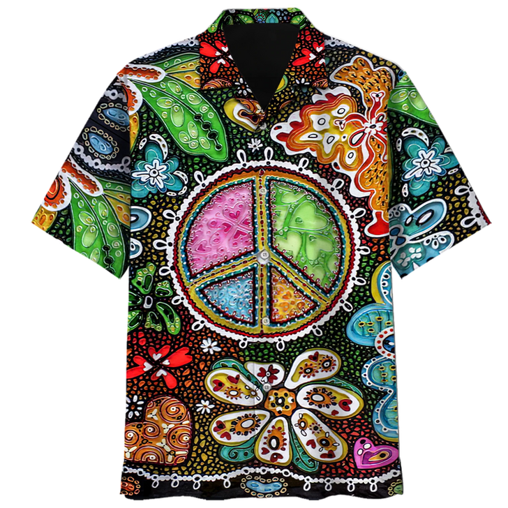 Spiritual Hippie Floral Pattern Peace Sign Tie Dye Trippy Hawaiian Shirt