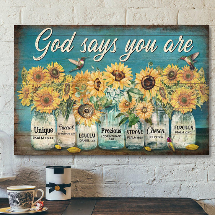 Sunflower Jar - God Says You Are Canvas Wall Art - Bible Verse Canvas - Scripture Canvas Wall Art