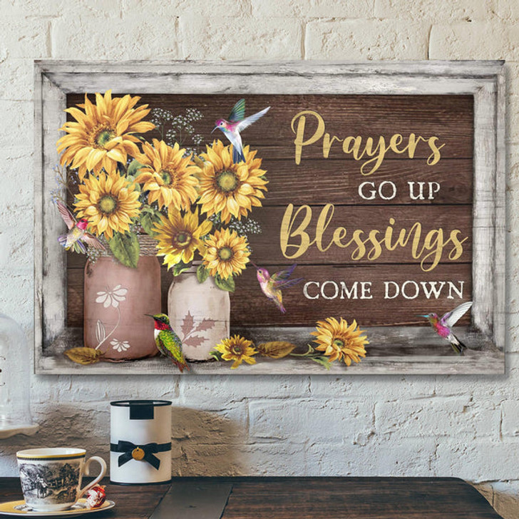 Hummingbird And Sunflower - Prayers Go Up Blessings Come Down Canvas Wall Art - Bible Verse Canvas