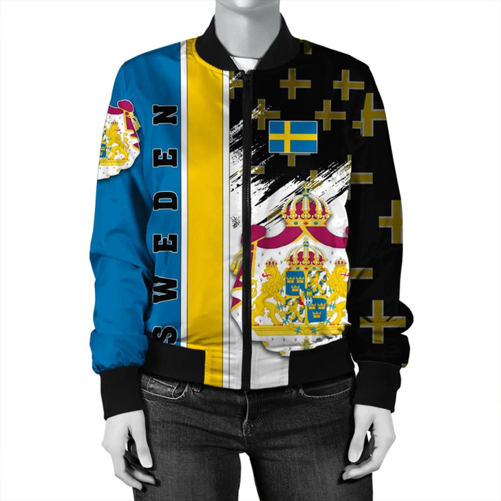 FUNSTUFFPRINTINT Sweden Coat Of Arms Women’s Bomber Jacket – Flag Style JH 3D Bomber Jacket