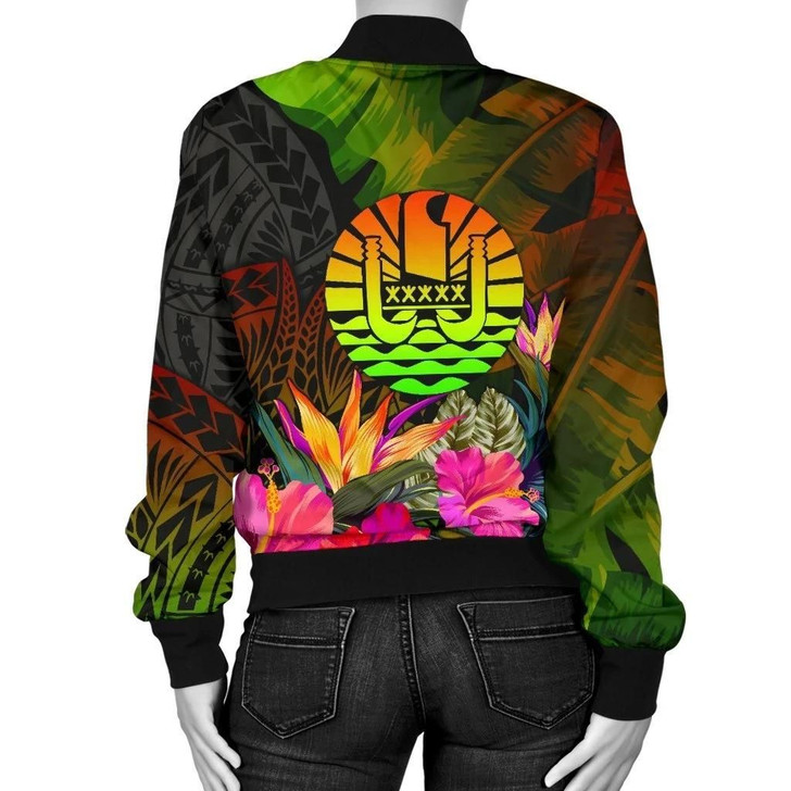 FUNSTUFFPRINTINT Tahiti Polynesian Women’s Bomber Jacket – Hibiscus and Banana Leaves – BN15 3D Bomber Jacket