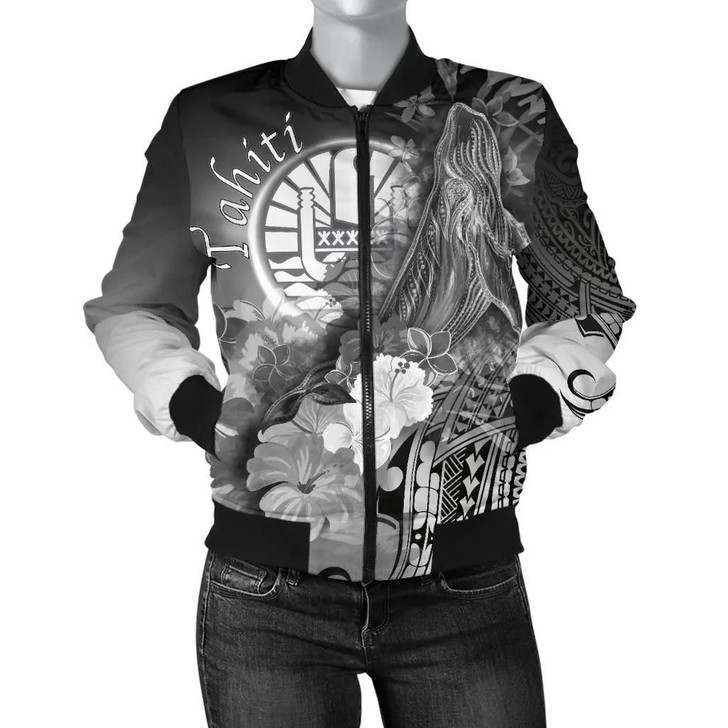 FUNSTUFFPRINTINT Tahiti Women’s Bomber Jacket – Humpback Whale with Tropical Flowers (White)- BN18 3D Bomber Jacket