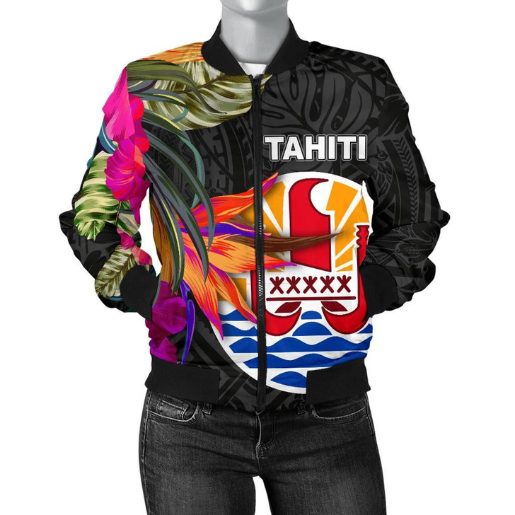 FUNSTUFFPRINTINT Tahiti Women’s Bomber Jacket – Polynesian Hibiscus Pattern – BN39 3D Bomber Jacket