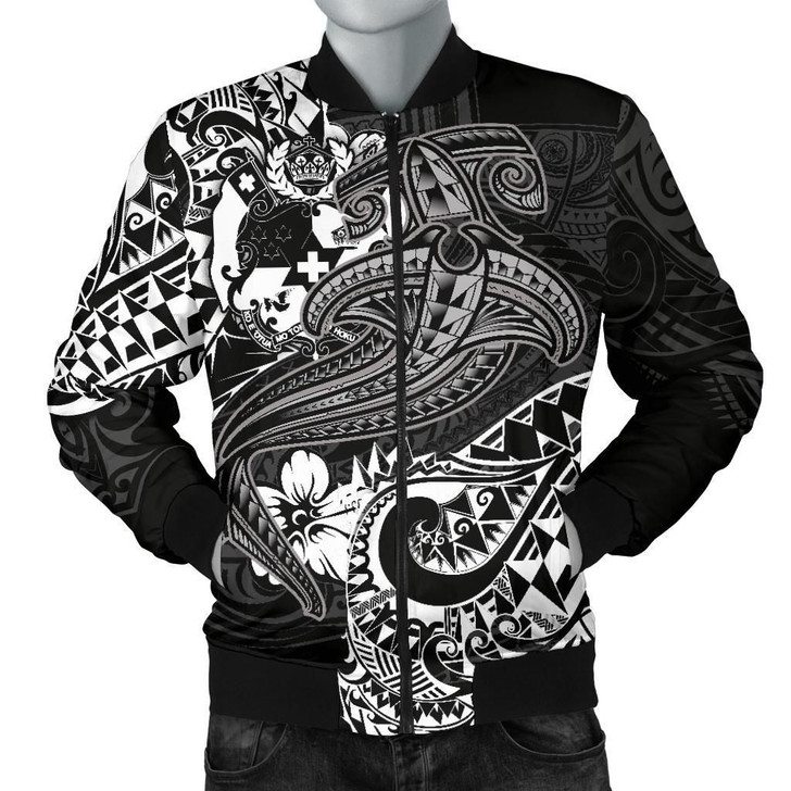 FUNSTUFFPRINTINT Tonga Men’s Bomber Jacket – White Shark Polynesian Tattoo – BN18 3D Bomber Jacket