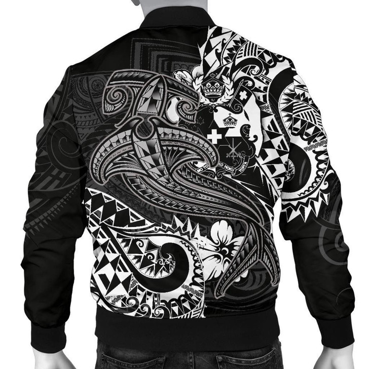 FUNSTUFFPRINTINT Tonga Men’s Bomber Jacket – White Shark Polynesian Tattoo – BN18 3D Bomber Jacket