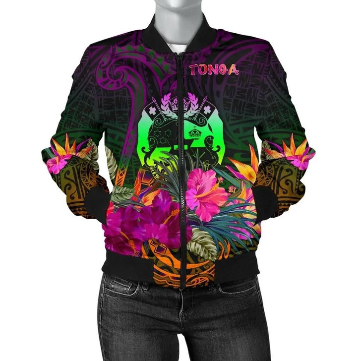 FUNSTUFFPRINTINT Tonga Polynesian Women’s Bomber Jacket – Summer Hibiscus – BN15  3D Bomber Jacket