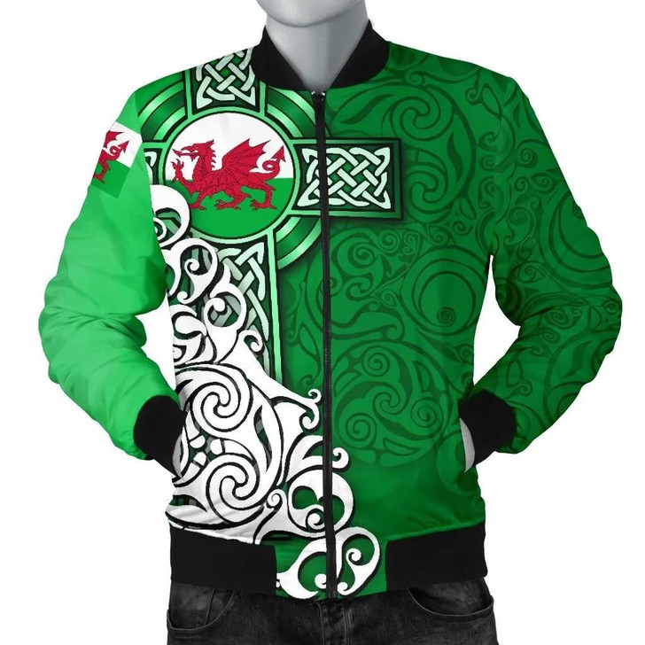 FUNSTUFFPRINTINT Wales Celtic Men’s Bomber Jacket – Welsh Dragon Flag with Celtic Cross (Green) – BN18 3D Bomber Jacket