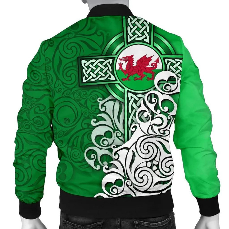 FUNSTUFFPRINTINT Wales Celtic Men’s Bomber Jacket – Welsh Dragon Flag with Celtic Cross (Green) – BN18 3D Bomber Jacket