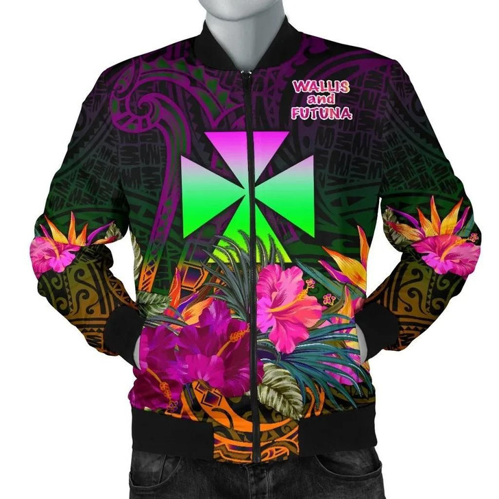 FUNSTUFFPRINTINT Wallis and Futuna Men’s Bomber Jacket – Summer Hibiscus – BN15 3D Bomber Jacket