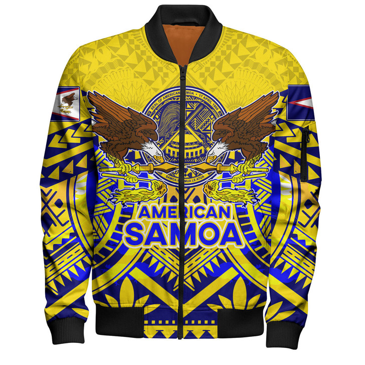 FUNSTUFFPRINTINT American Samoa Bomber Jacket Custom American Samoa Seal And Eagle Polynesian Tattoo Yellow 3D Bomber Jacket