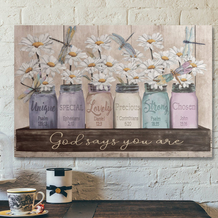 Bible Verse Wall Art Canvas - Daisy And Dragonfly - God Says You Are Canvas