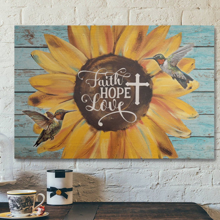 Bible Verse Wall Art Canvas - Green Hummingbird And Sunflower - Faith Love Hope Canvas