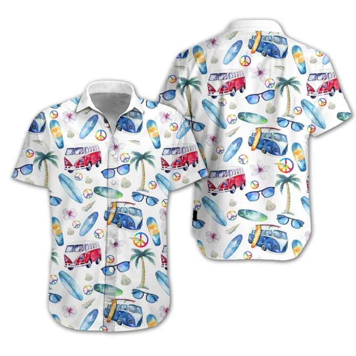 Adorable Hippie Car Beach Design Hawaiian Shirt