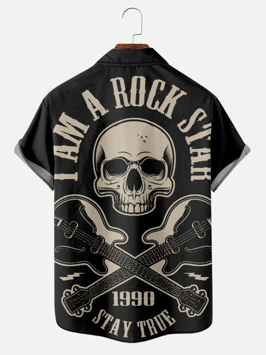 Men's Retro Rock Guitar Casual Short Sleeve Bowling hawaiian Shirt