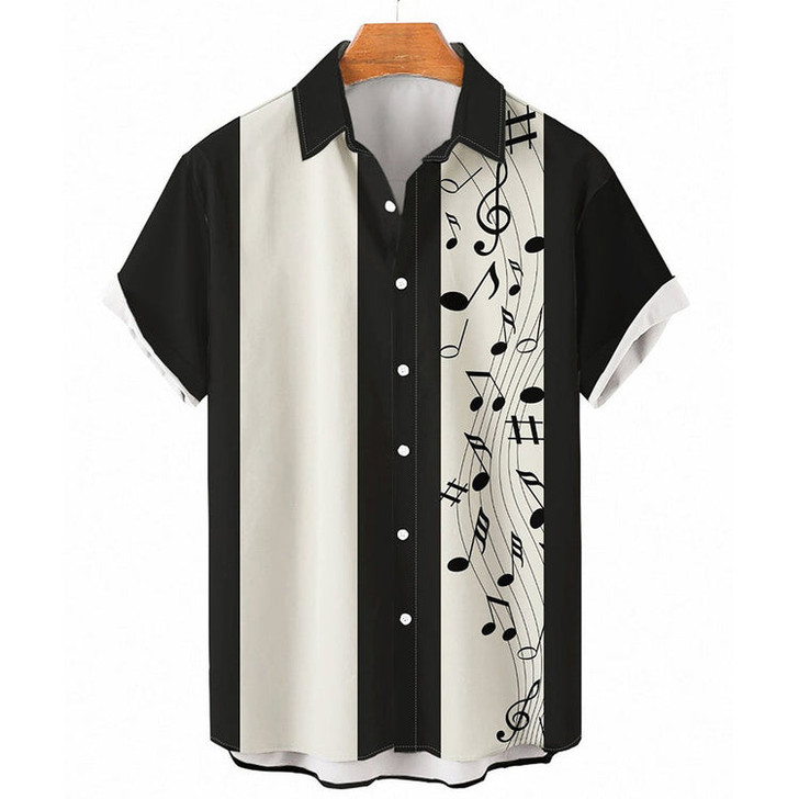 Men's Hawaiian Music Guitar Stripe Panel Casual Shirt