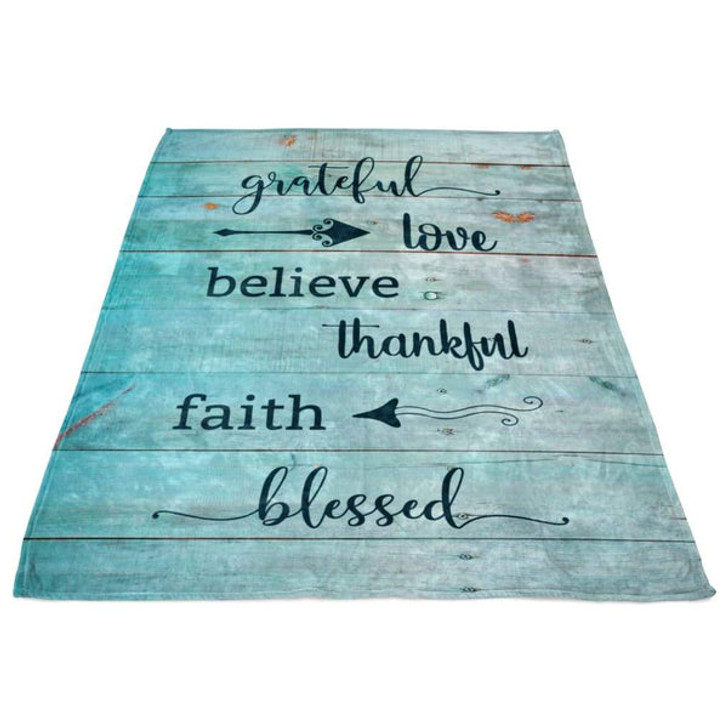 FUNSTUFFPRINT Grateful Love Believe Thankful Faith Blessed Fleece Blanket - Christian Blanket - Bible Verse Blanket