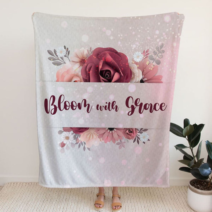 FUNSTUFFPRINT Bloom With Grace Fleece Blanket - Christian Blanket - Bible Verse Blanket