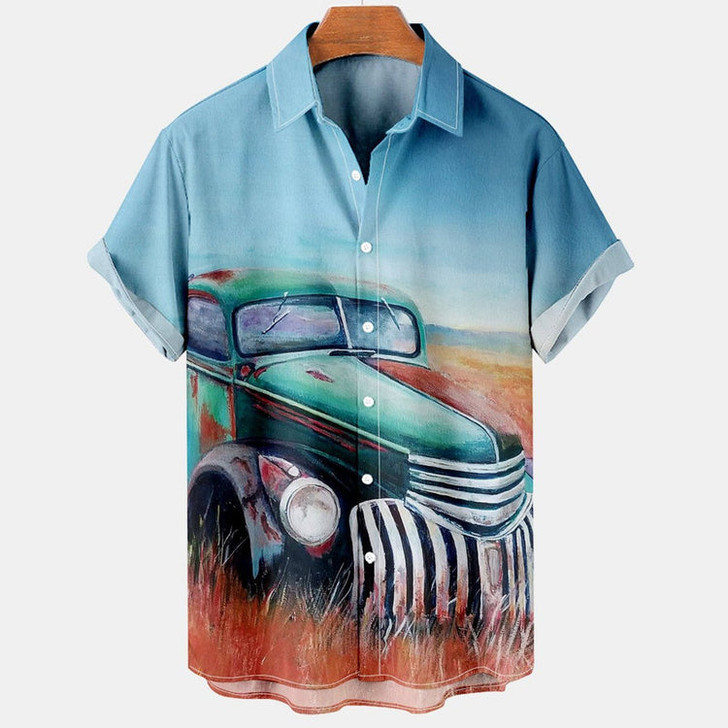 Hawaiian shirt vintage, Hawaii shirts mens, Men's Retro Contrast Color Stitching Garage Car Casual Shirt