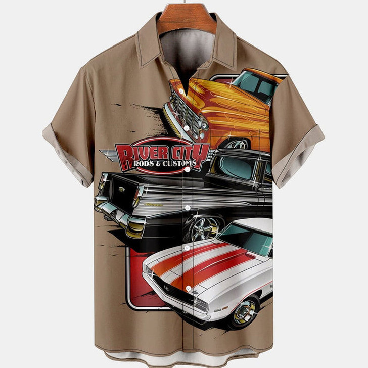 Hawaiian shirt vintage, Hawaii shirts mens, Men's Retro Contrast Color Stitching Garage Car Casual Shirt
