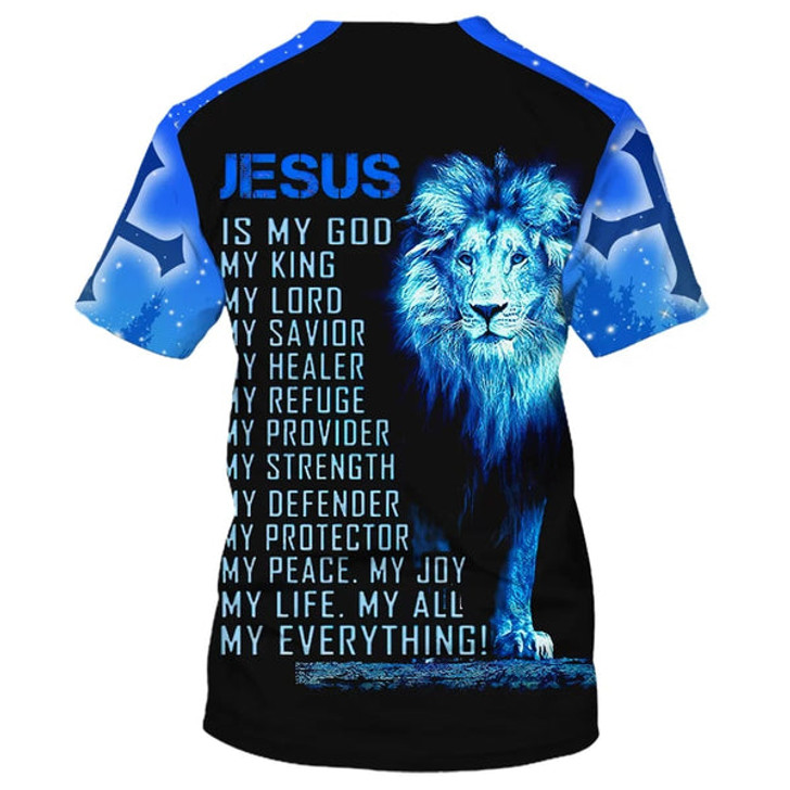 FUNSTUFFPRINT Jesus Is My God My King My Lord Lion Cross Light 3d T-Shirts - Christian Shirts For Men&Women Regular 3D T-shirt