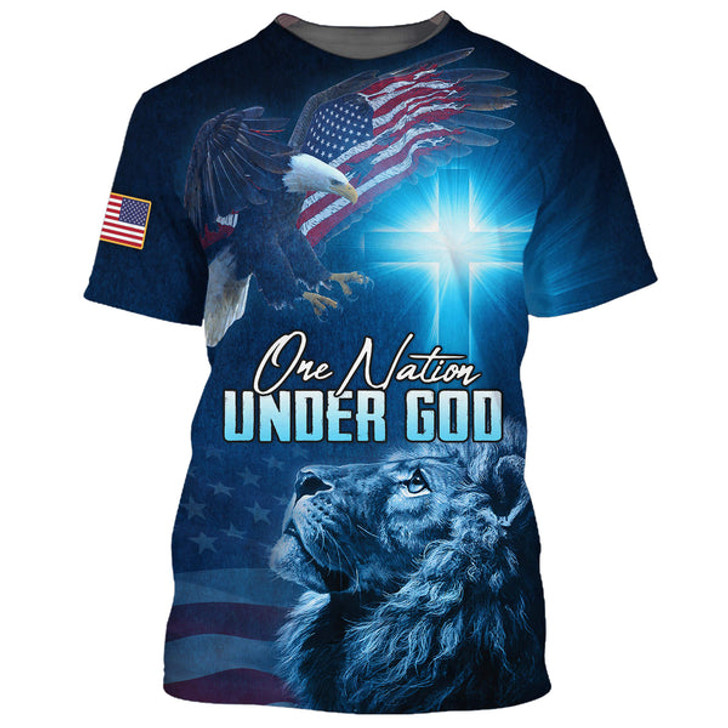 FUNSTUFFPRINT One Nation Under God Lion Cross Eagles 3d T-Shirts - Christian Shirts For Men&Women 3D T-shirt